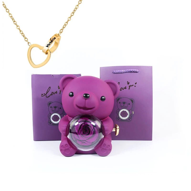 Eternal Rotating Rose Bear W/ Engraved Necklace - Sparkly Trees