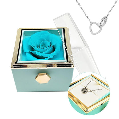 Eternal Rotating Rose Box W/ Engraved Necklace - Sparkly Trees